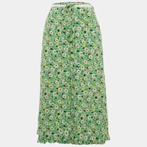 Pre Owned Miu Miu Green Botanical Marocain Silk Midi Skirt S