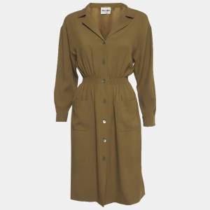 Pre Owned فستان قميص ميو ميو زيتوني كريب بأكمام طويلة مقاس صغير - سمول