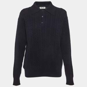 Pre Owned Miu Miu Blue Cable Knit Long Sleeve Polo T-Shirt S