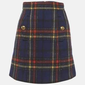 Pre Owned Miu Miu Navy Blue/Red Plaid Wool Mini Skirt XS