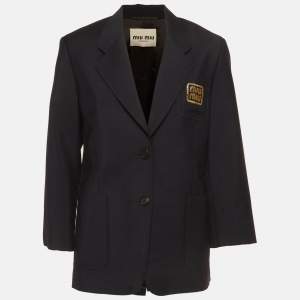 Pre Owned Miu Miu Navy Blue Logo Embroidered Wool Blazer XS