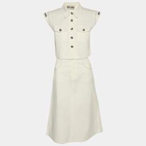 Pre Owned Miu Miu White Denim Crop Jacket and Skirt Set S