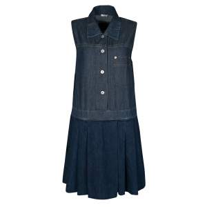 Miu Miu Indigo Dark Wash Colorblock Denim Sleeveless Pleated Dress M