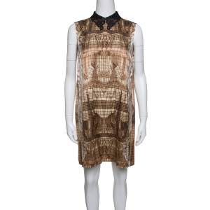 Miu Miu Brown Printed Contrast Lurex Collar Detail Sleeveless Dress M