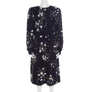 Miu Miu Navy Blue Floral Printed Ruched Waist Detail Long Sleeve Dress M