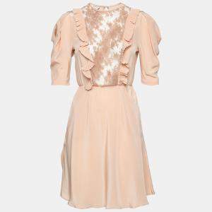 Miu Miu Beige Silk Lace Insert Pleated Ruffle Trim Dress S