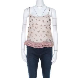 Miu Miu Pale Pink Silk Chiffon and Ruffled Lace Detail Camisole Top M 