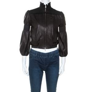 Miu Miu Black Leather Smocked Bomber Jacket S