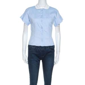 Miu Miu Blue Cotton Contrast Collar Sort Sleeve Shirt S 