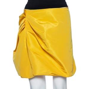 Miu Miu Yellow Silk Gathered Detail Asymmetrical Mini Skirt S 