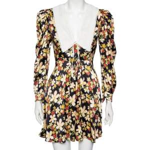 Miu Miu Black Floral Printed Satin Sable Gathered Mini Dress S