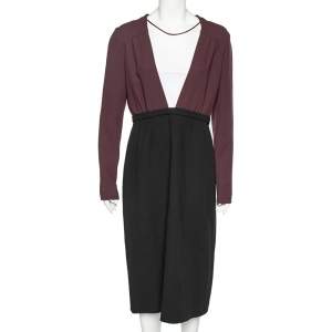 Miu Miu Black-Burgundy Textured Wool Plunge Neck Midi Dress L