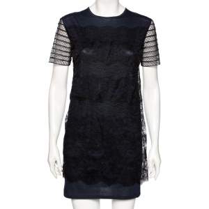 Miu Miu Navy Blue & Black Lace Overlay Cotton Short Dress M 
