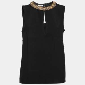 Miu Miu Black Crepe Embellished Neck Sleeveless Top M