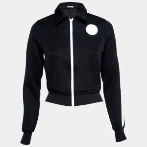 Miu Miu Navy Blue Cotton Knit Logo Embroidered Zip Front Jacket XS