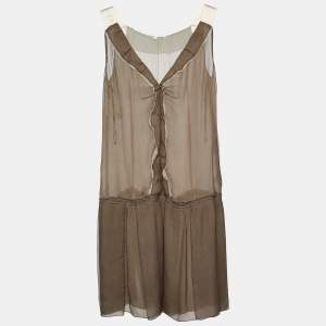 Miu Miu Brown Silk Plisse Ruffled Sleeveless Dress M