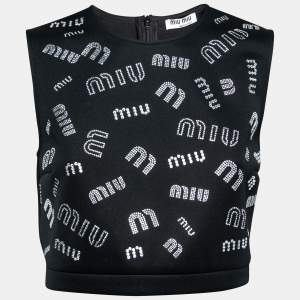 Miu Miu Black Stretch Knit Crystal Embellished Logo Crop Top L