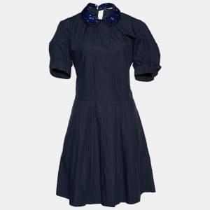 Miu Miu Dark Blue Cotton Sequin Collar Pleated Dress M