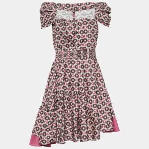 Miu Miu Pink Geometric Print Cotton Pleated & Belted Dress S