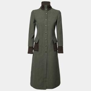 Miu Miu Olive Green Wool Ribbed Knit Detail Long Coat S