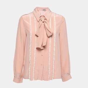 Miu Miu Pink Silk Lace Trim Detail Tie Neck Shirt S