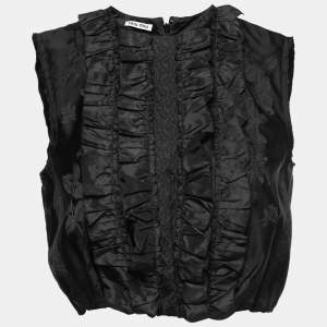 Miu Miu Black Silk Jacquard Lace Insert Ruffled Cropped Top M