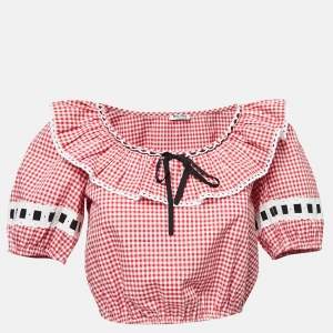 Miu Miu Red Gingham Printed Cotton Cropped Top S