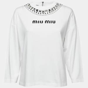 Miu Miu White Jersey Embellished Collar Logo Print Long-Sleeve T-Shirt M
