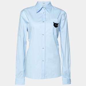 Miu Miu Blue  Cotton Cat Logo Embroidered  Button Front Shirt S