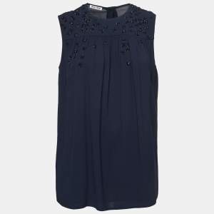 Miu Miu Navy Blue Floral Embellished Crepe Sleeveless Top M