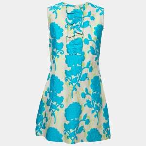 Miu Miu Grey/Blue Floral Jacquard Ruched Sleeveless Short Dress M