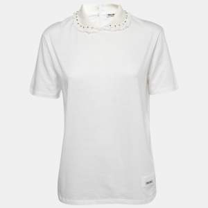 Miu Miu White Cotton Studded Collar T-Shirt L
