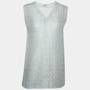 Miu Miu Blue Patterned Lurex Silk Blend Sleeveless Top L