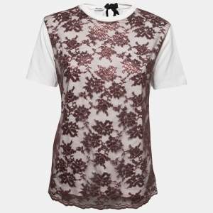 Miu Miu White Cotton Knit Lace Detail T-Shirt L