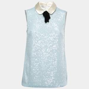 Miu Miu Blue Sequined Bow Embellished Sleeveless Top XS