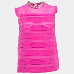 Miu Miu Pink Silk Embellished Pleated Top S