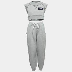 Miu Miu Grey Logo Embroidered Cotton Blend Joggers Crop Top Set S