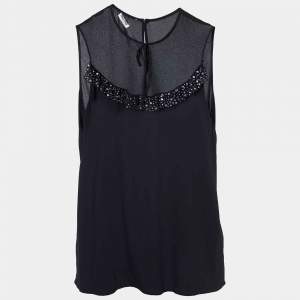 Miu Miu Black Silk Crepe & Tulle Embellished Detail Sleeveless Top M