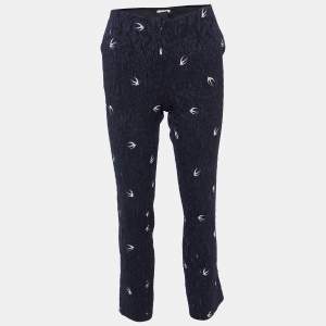 Miu Miu Navy Blue Bird Printed Silk Jacquard Pants M