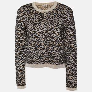 Miu Miu Beige Leopard Lurex Knit Button Front Cropped Cardigan M