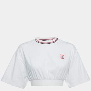 Miu Miu White Cotton Logo Patch Crop T-Shirt XS