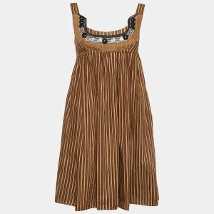 Miu Miu Brown Striped Cotton Embellished Low Neck Mini Dress S