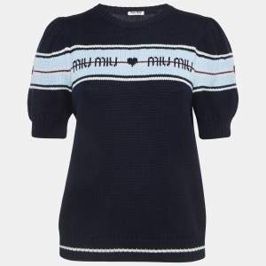 Miu Miu Navy Blue Logo Intarsia Knit Top M
