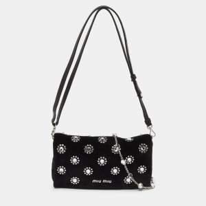 Miu Miu Black Velvet Embellished Starlight Shoulder Bag