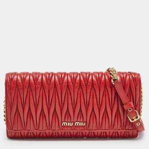 Miu Miu Red Matelasse Leather Flap Wallet On Chain