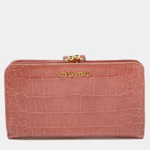 Miu Miu Peach Croc Embossed Leather Twisted Lock Wallet