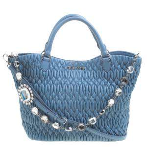 Miu Miu Light Blue Matelasse Leather Swarovski Crystal Tote