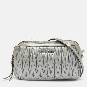 Miu Miu Silver Matelassé Leather Double Zip Crossbody Bag