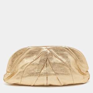 Pre Owned Miu Miu Gold Leather Pleated Oversized Clutch