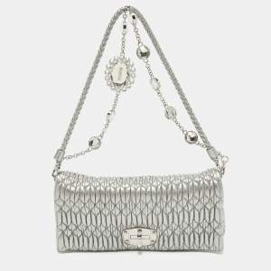 Miu Miu Silver Matelassé Leather Crystals Shoulder Bag